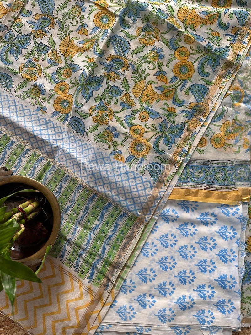 White-Blue Chanderi Printed Suit CBS04