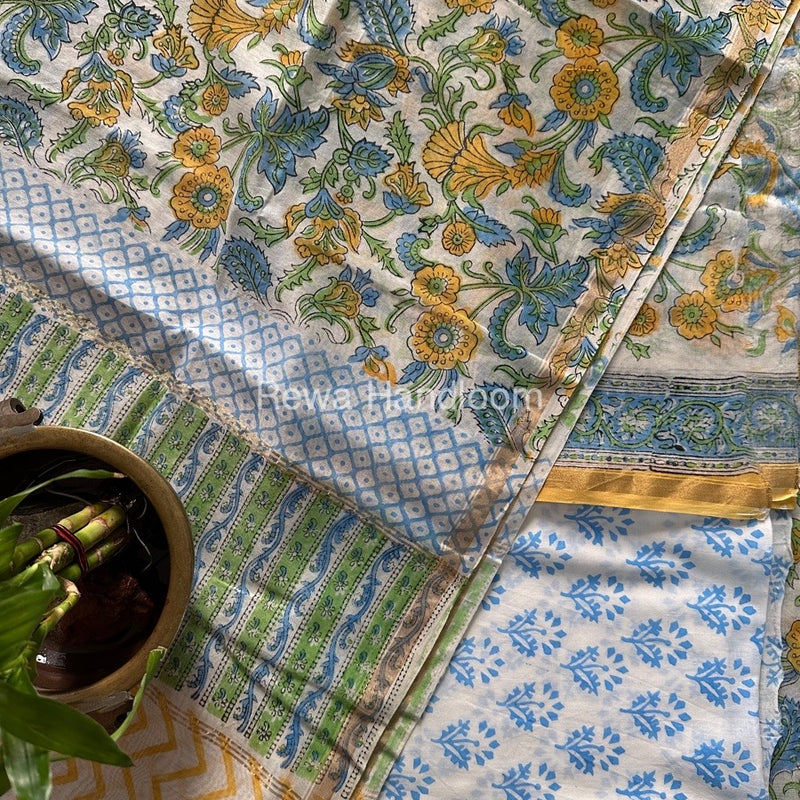 White-Blue Chanderi Printed Suit CBS04