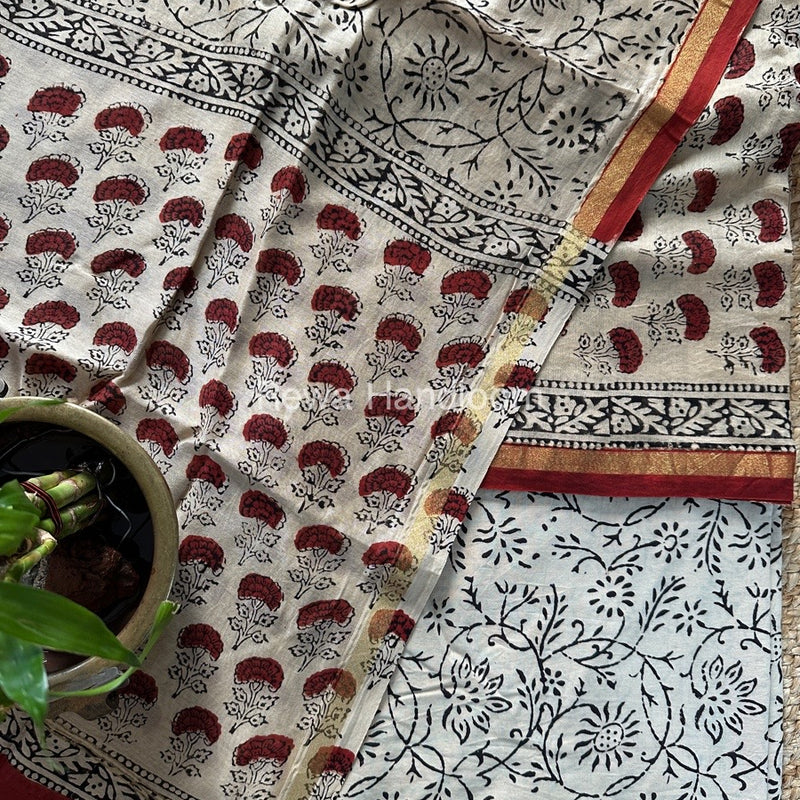 Cream White-Black Chanderi Printed Suit CBS06