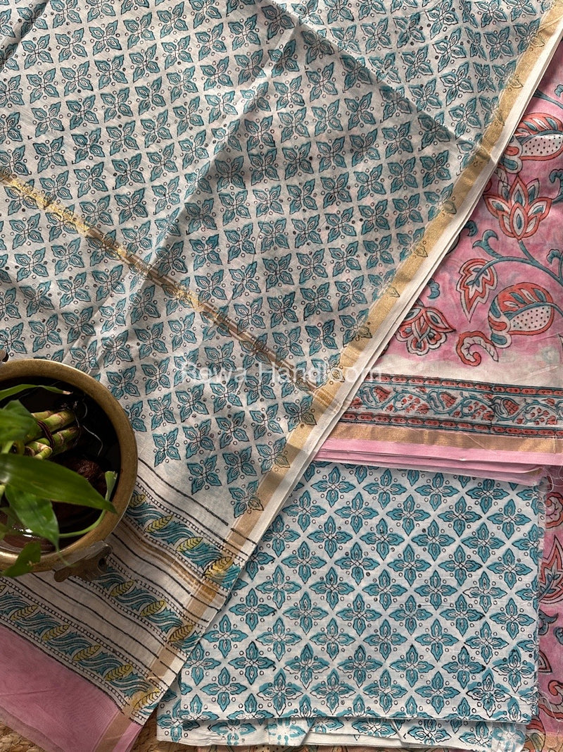 Pink-Light Sea Green Chanderi Printed Suit CBS07