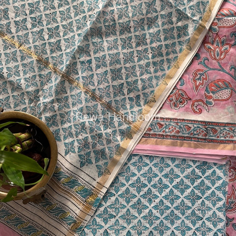Pink-Light Sea Green Chanderi Printed Suit CBS07