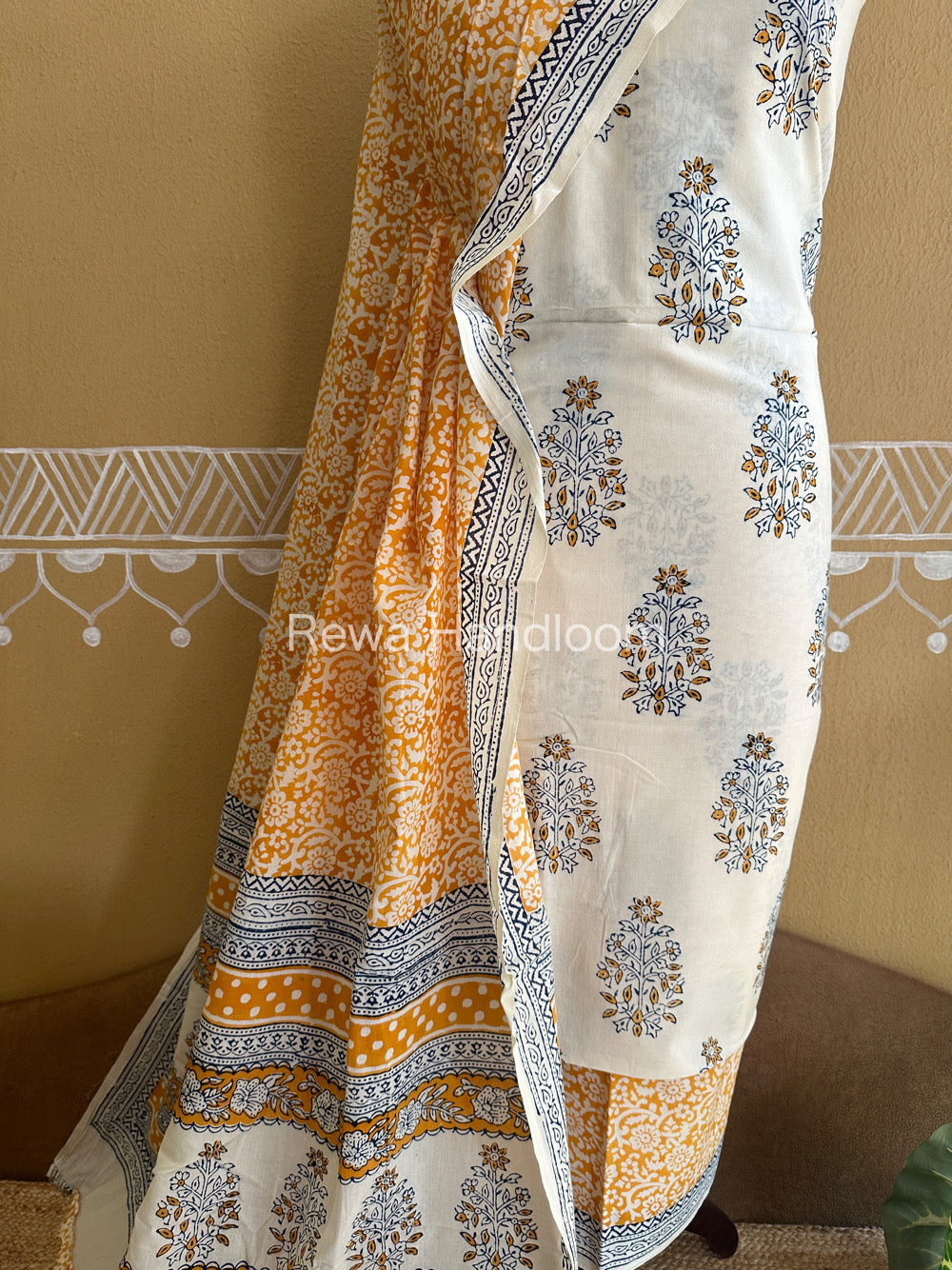 White-Yellow Indigo Bagh Print Suit- BCIP01