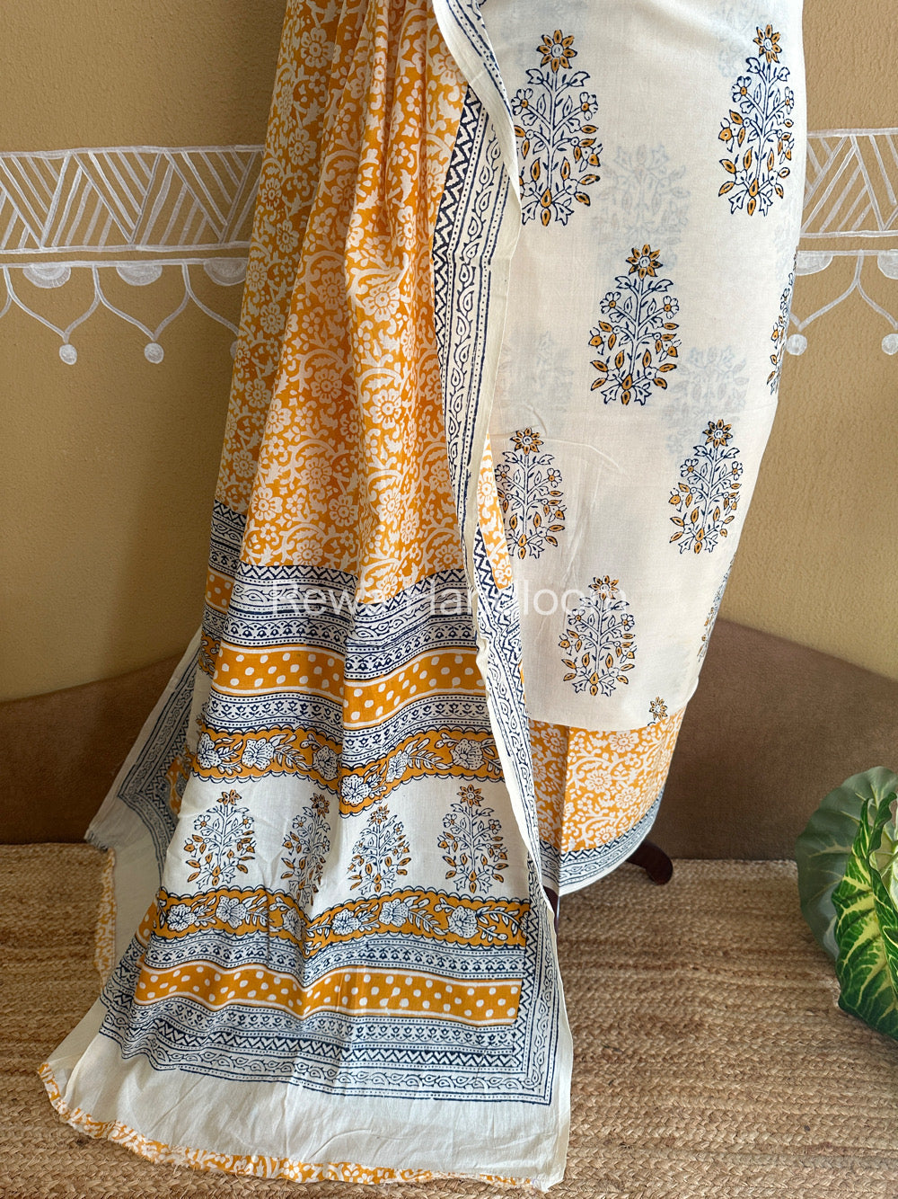 White-Yellow Indigo Bagh Print Suit- BCIP01