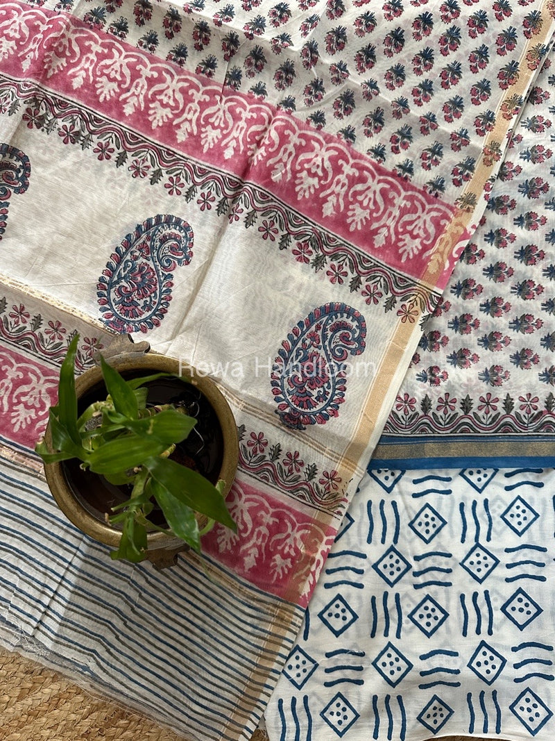 White-Blue Chanderi Printed Suit CBS01