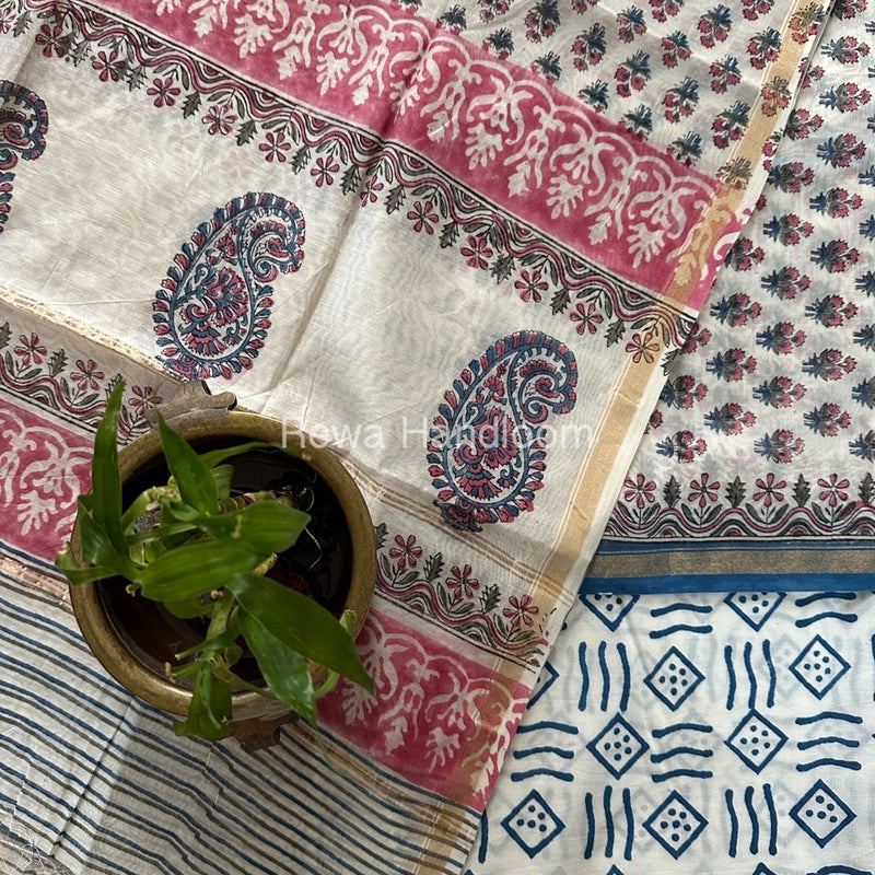 White-Blue Chanderi Printed Suit CBS01