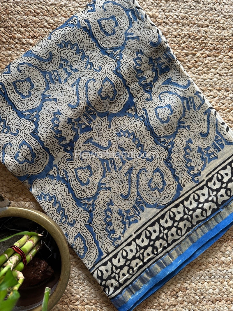 Blue-Cream White Chanderi Printed Suit CBS02