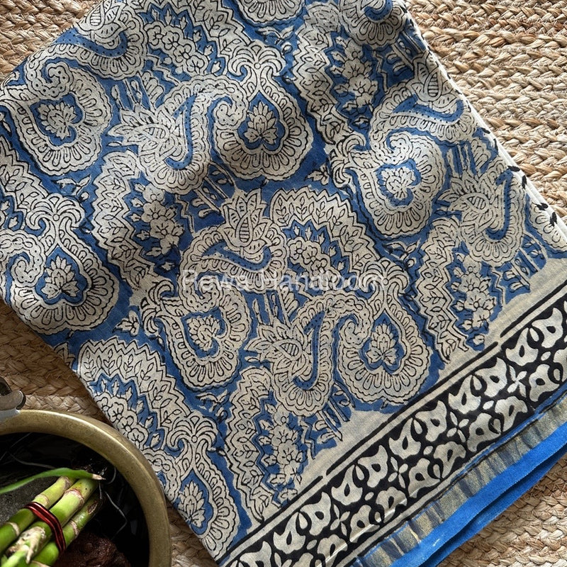 Blue-Cream White Chanderi Printed Suit CBS02