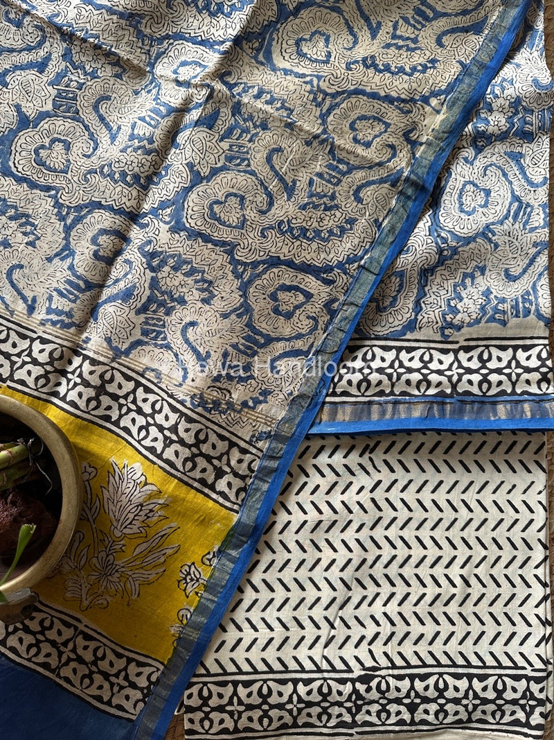 Blue-Cream White Chanderi Printed Suit CBS02