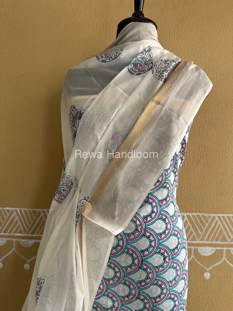 Maheshwari Teal Green -White Handblock Print Top-Dupatta HBS0130