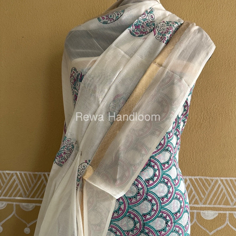 Maheshwari Teal Green -White Handblock Print Top-Dupatta HBS0130