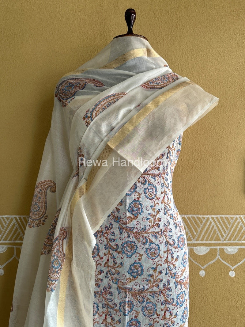 Maheshwari White Handblock Print Top-Dupatta HBS0131