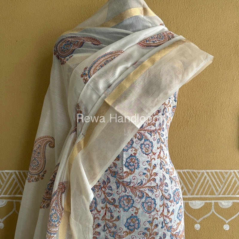 Maheshwari White Handblock Print Top-Dupatta HBS0131