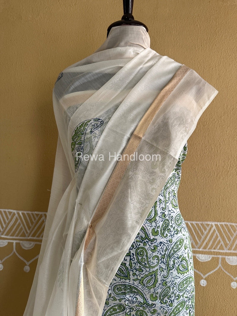 Maheshwari White Handblock Print Top-Dupatta HBS0148
