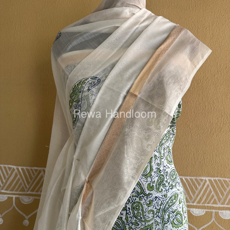 Maheshwari White Handblock Print Top-Dupatta HBS0148