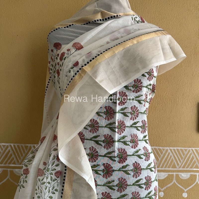 Maheshwari White Handblock Print Top-Dupatta HBS0144