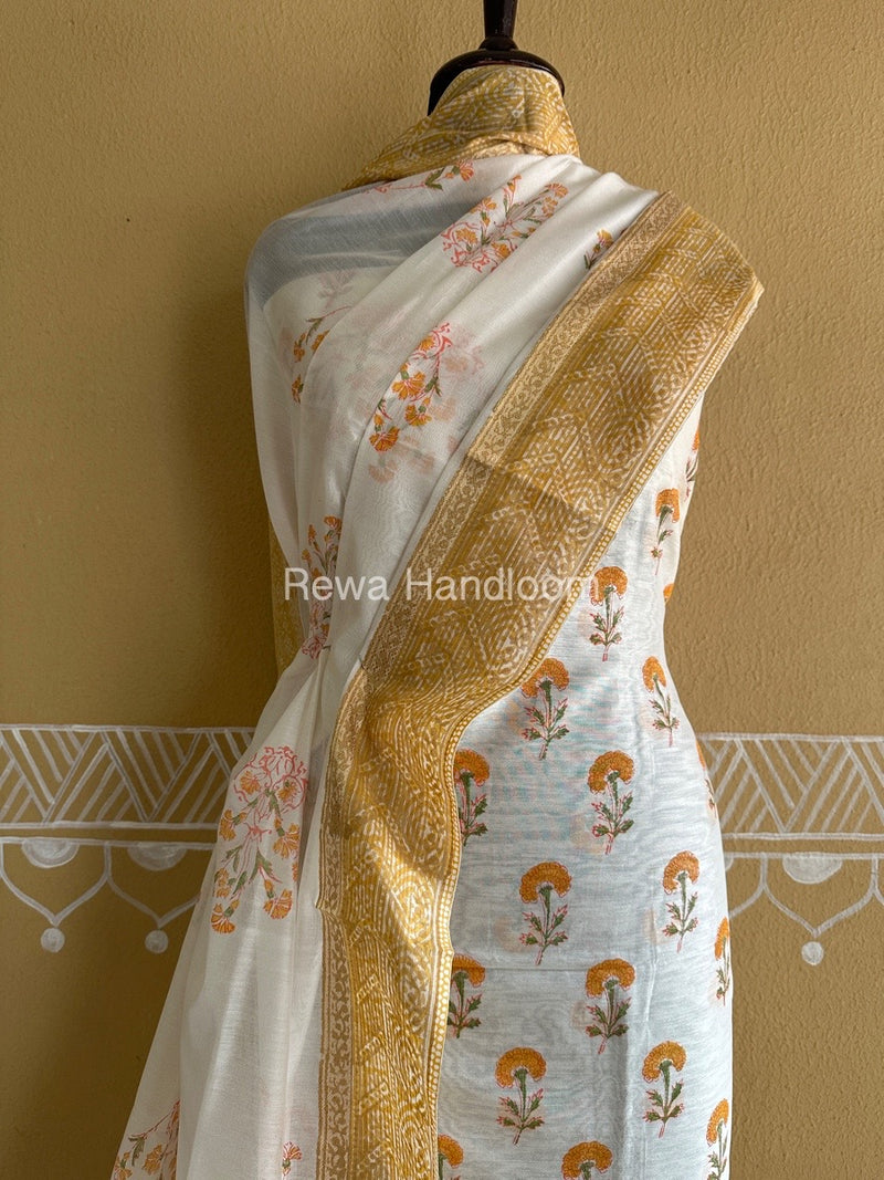 Maheshwari White Handblock Print Top-Dupatta HBS0136