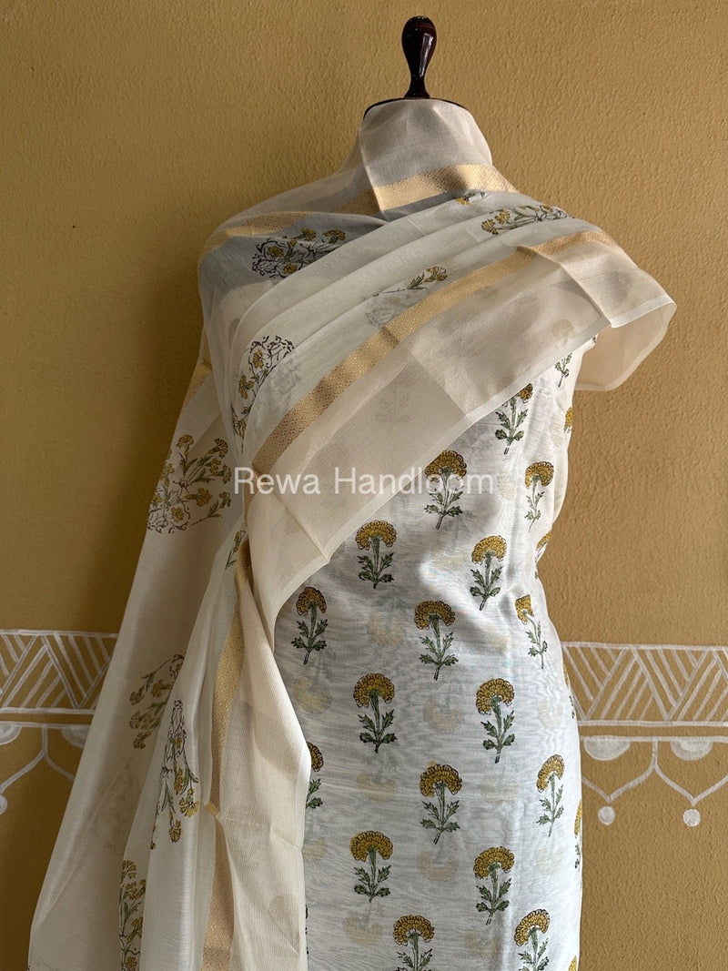Maheshwari White Handblock Print Top-Dupatta HBS0142