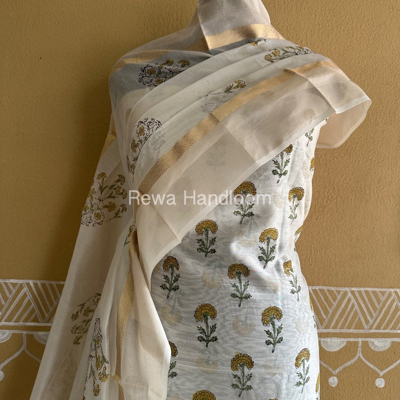 Maheshwari White Handblock Print Top-Dupatta HBS0142