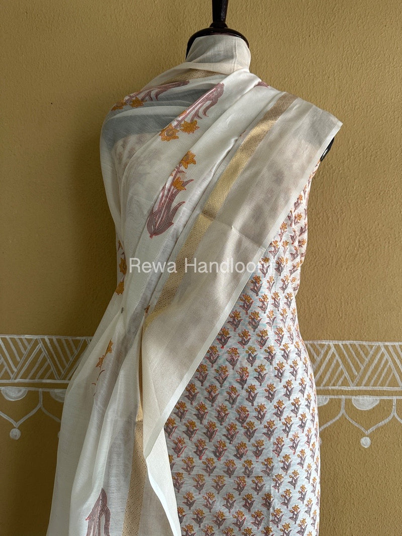 Maheshwari White Handblock Print Top-Dupatta HBS0141