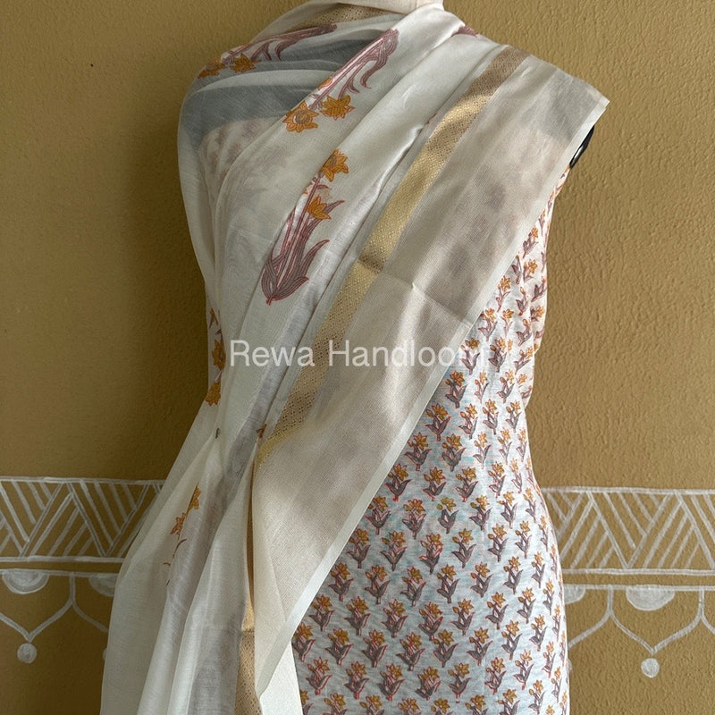 Maheshwari White Handblock Print Top-Dupatta HBS0141