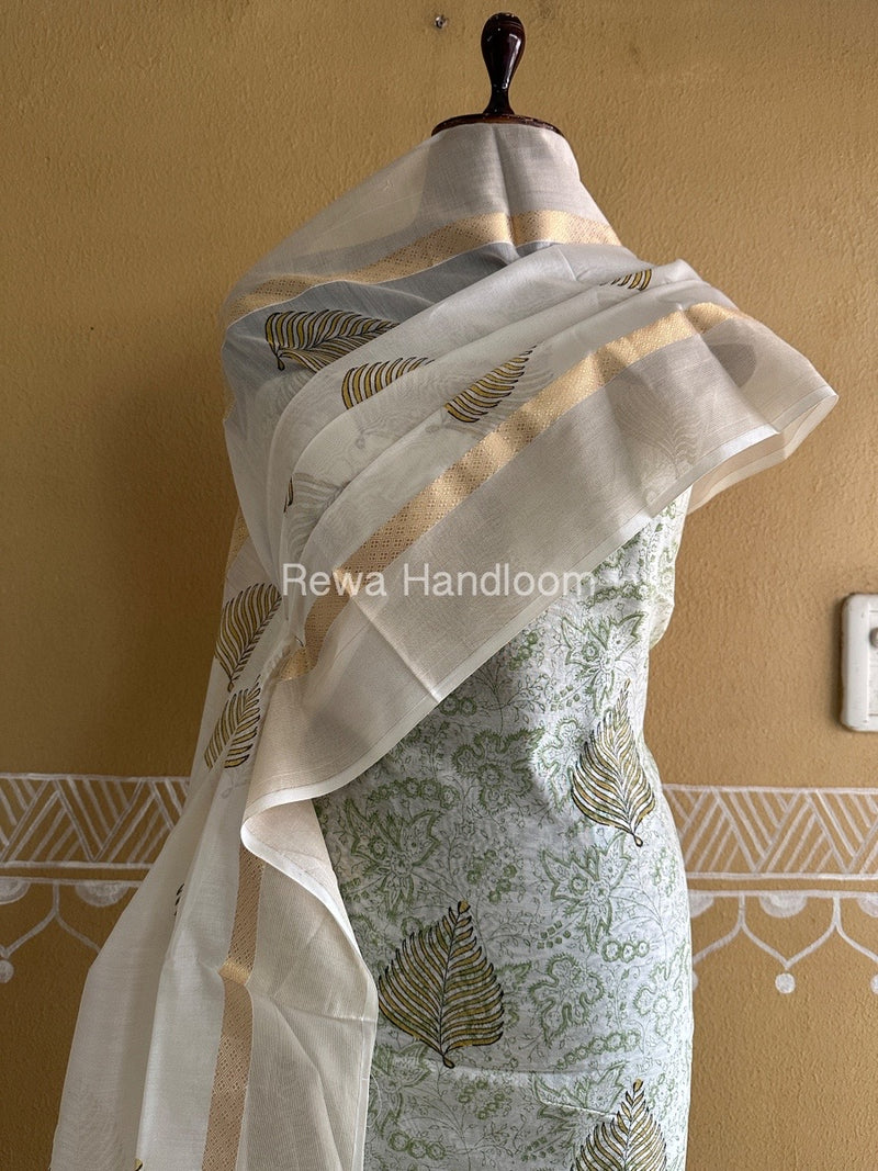 Maheshwari White Handblock Print Top-Dupatta HBS0134