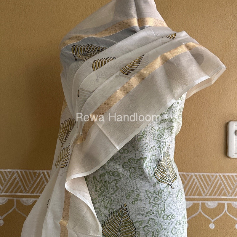 Maheshwari White Handblock Print Top-Dupatta HBS0134