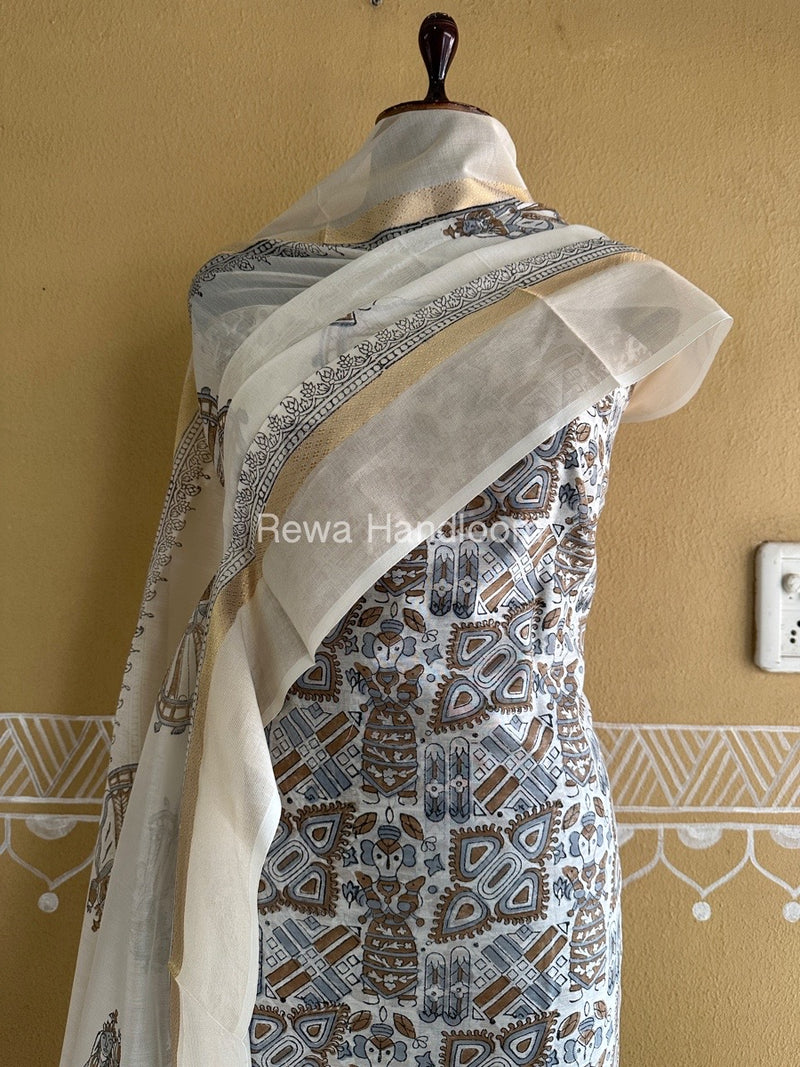 Maheshwari White Handblock Print Top-Dupatta HBS0147