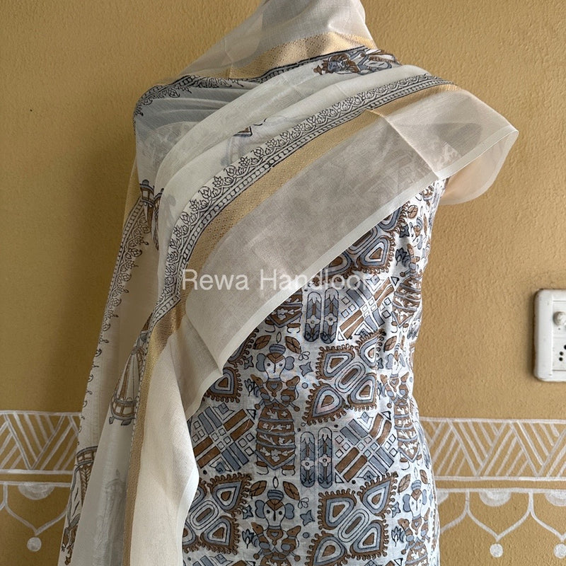Maheshwari White Handblock Print Top-Dupatta HBS0147