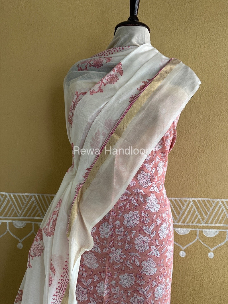 Maheshwari Pink-White Handblock Print Top-Dupatta HBS0145