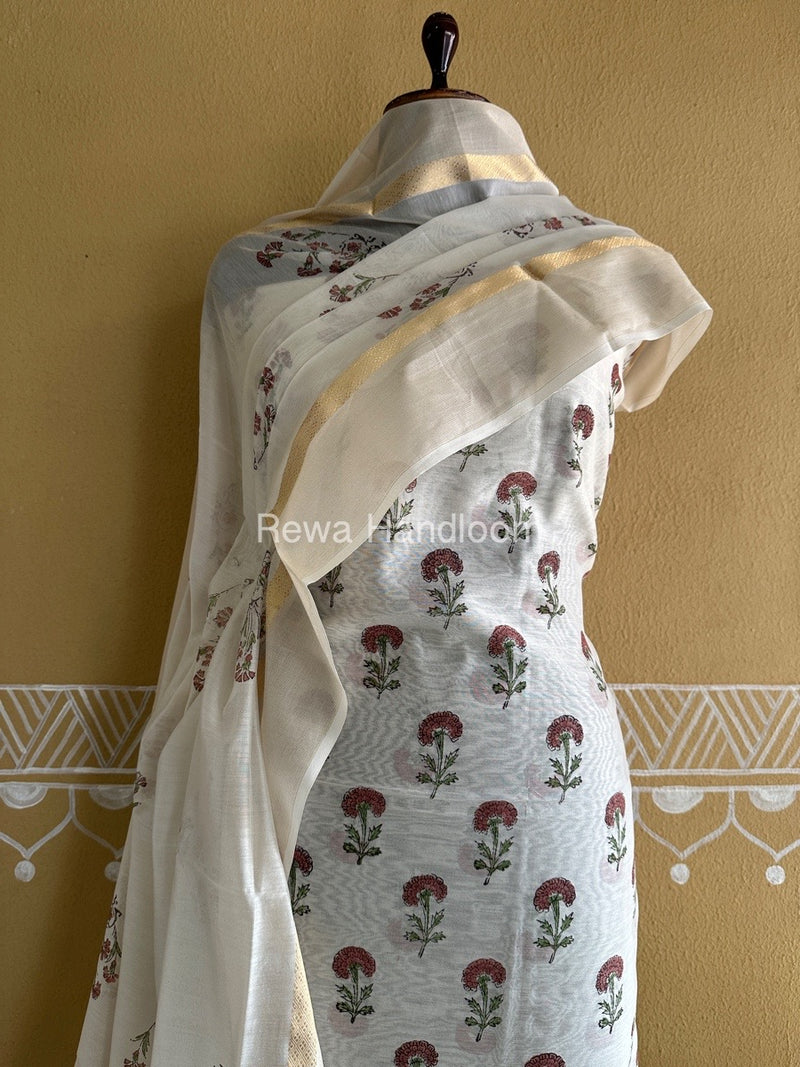 Maheshwari White Handblock Print Top-Dupatta HBS0143