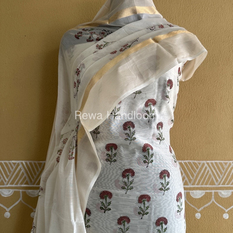 Maheshwari White Handblock Print Top-Dupatta HBS0143