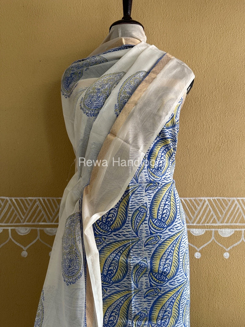 Maheshwari Blue-White Handblock Print Top-Dupatta HBS0138