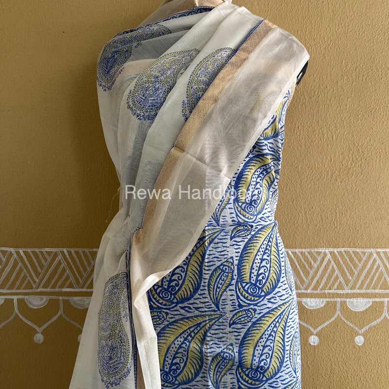 Maheshwari Blue-White Handblock Print Top-Dupatta HBS0138