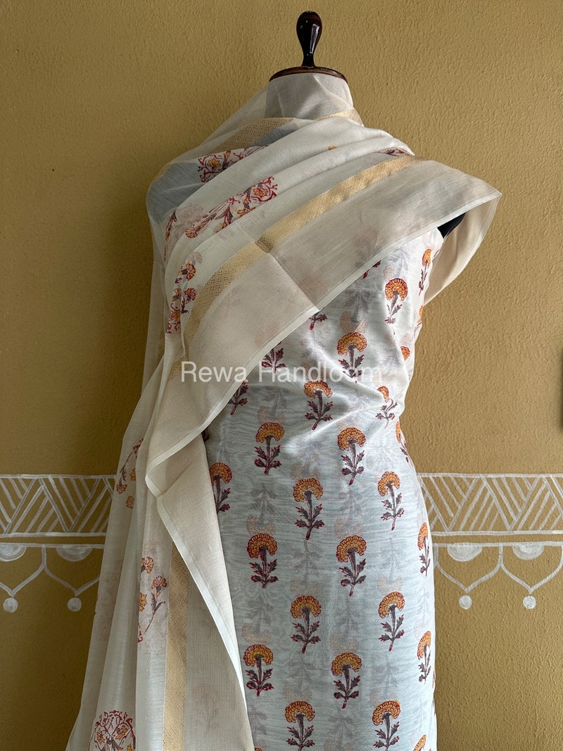 Maheshwari White Handblock Print Top-Dupatta HBS0140