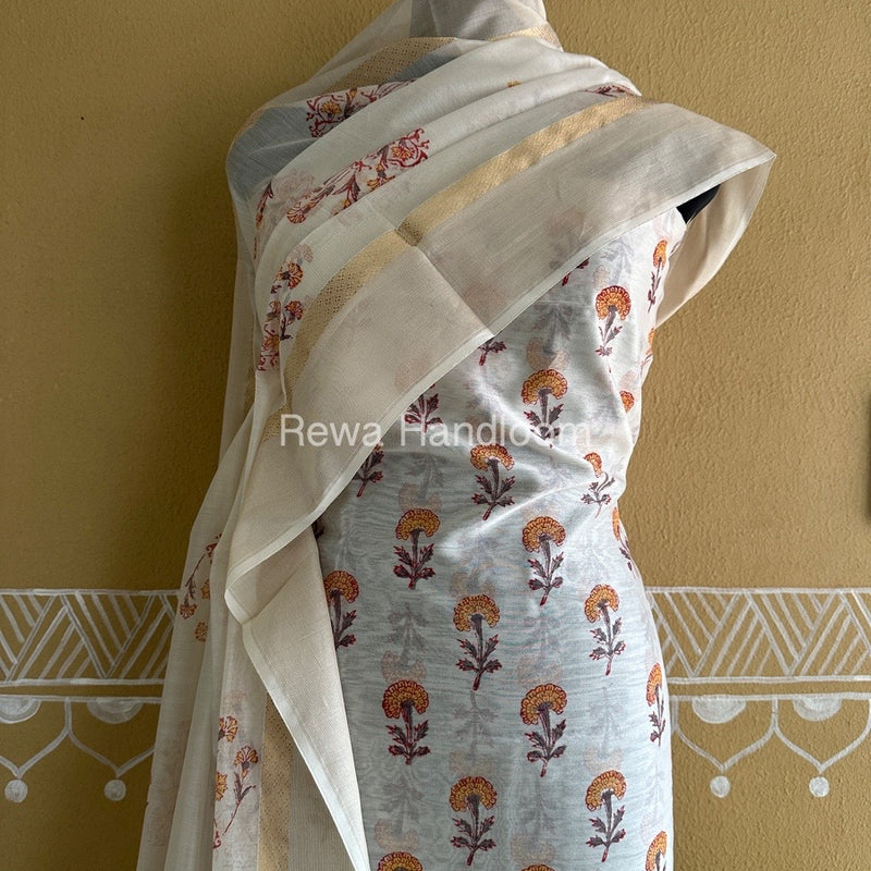 Maheshwari White Handblock Print Top-Dupatta HBS0140