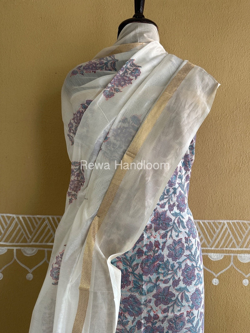 Maheshwari White Handblock Print Top-Dupatta HBS0139