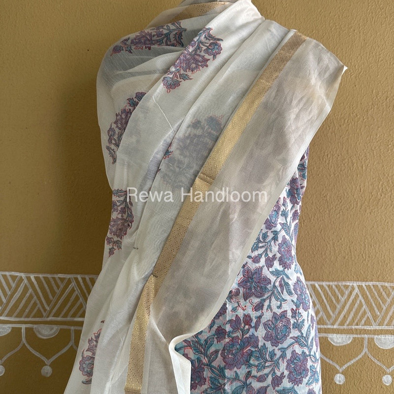 Maheshwari White Handblock Print Top-Dupatta HBS0139