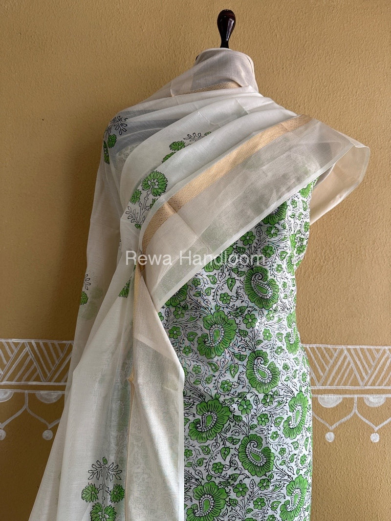 Maheshwari Green -White Handblock Print Top-Dupatta HBS0135