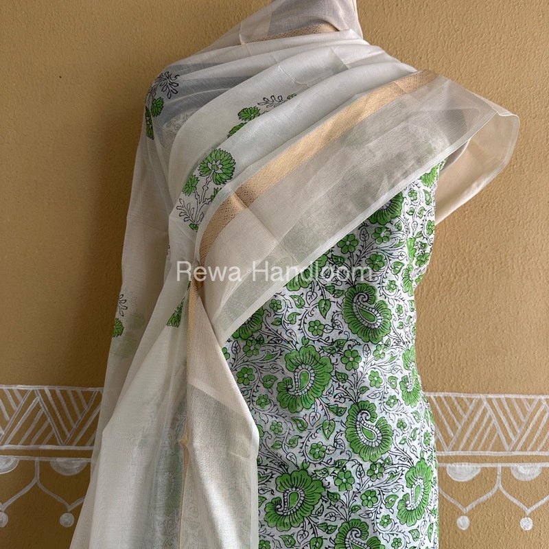 Maheshwari Green -White Handblock Print Top-Dupatta HBS0135