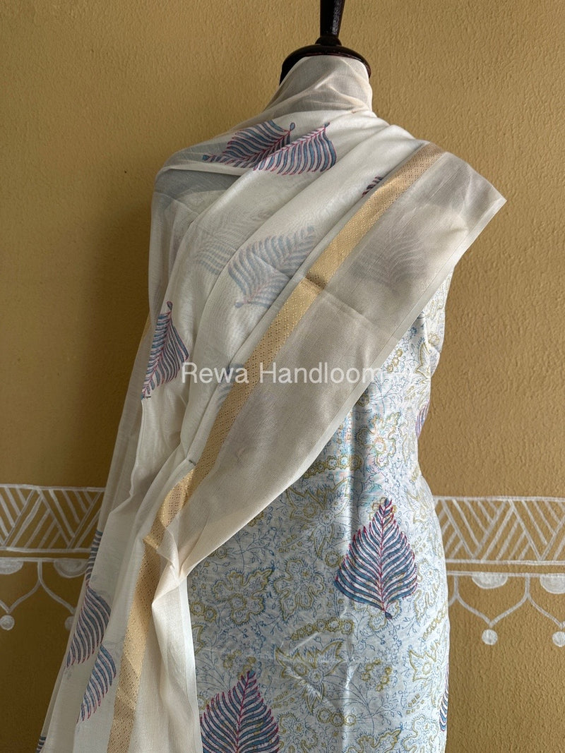 Maheshwari White Handblock Print Top-Dupatta HBS0132