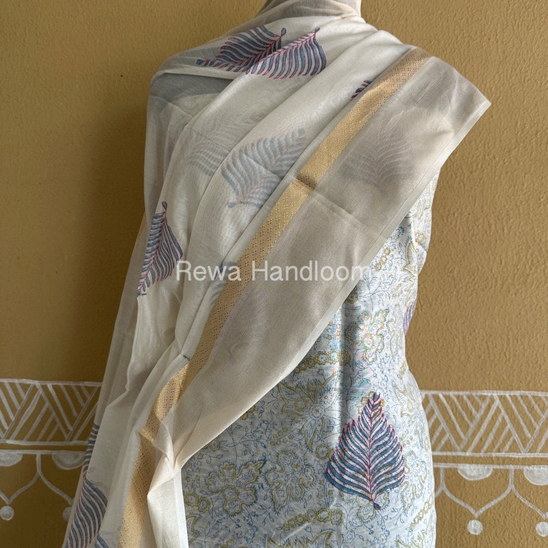 Maheshwari White Handblock Print Top-Dupatta HBS0132