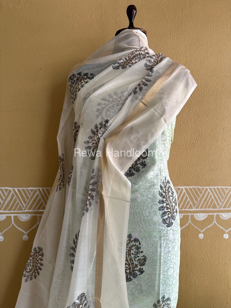 Maheshwari Pista Green-White Handblock Print Top-Dupatta HBS0146