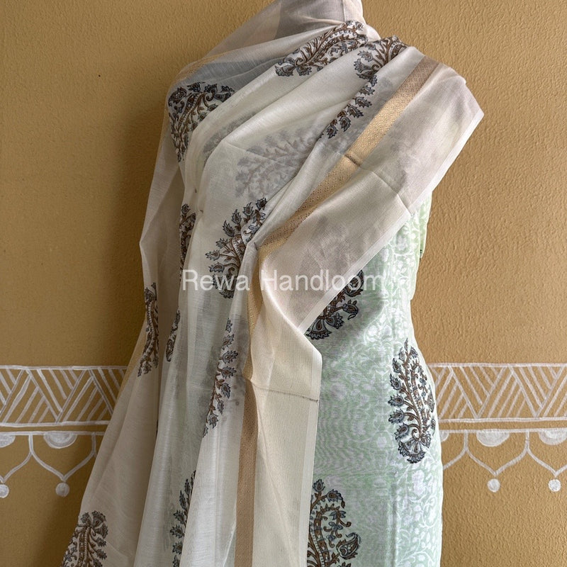 Maheshwari Pista Green-White Handblock Print Top-Dupatta HBS0146