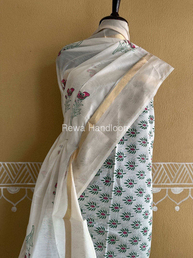 Maheshwari White Handblock Print Top-Dupatta HBS0133
