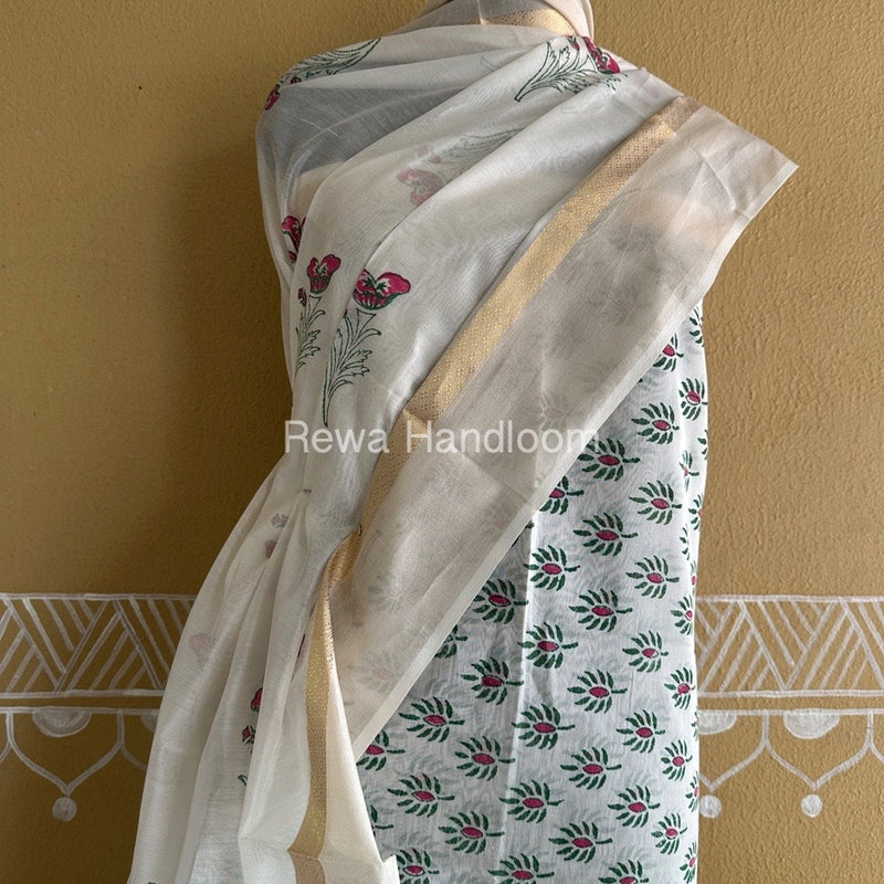 Maheshwari White Handblock Print Top-Dupatta HBS0133