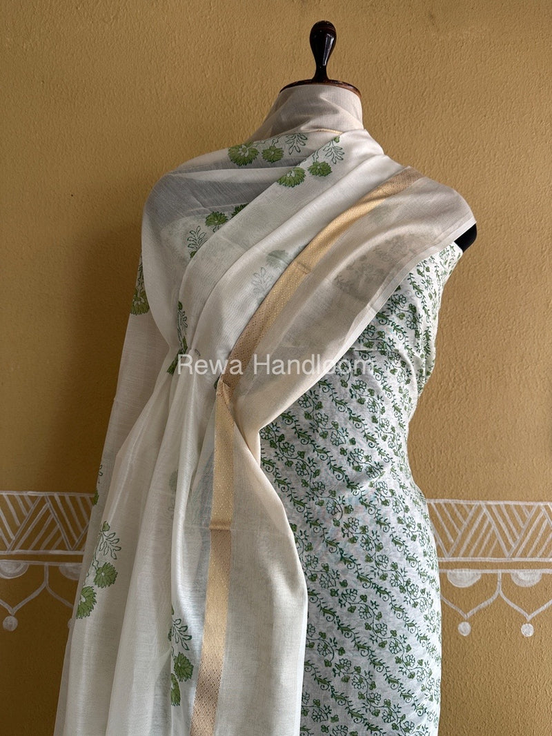 Maheshwari White Handblock Print Top-Dupatta HBS0137