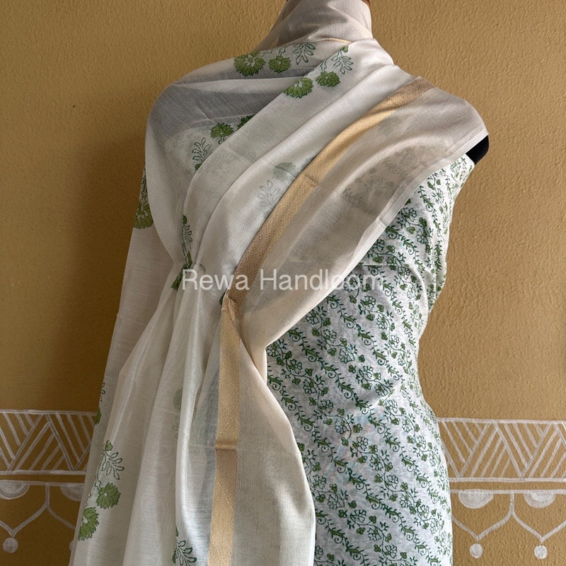 Maheshwari White Handblock Print Top-Dupatta HBS0137
