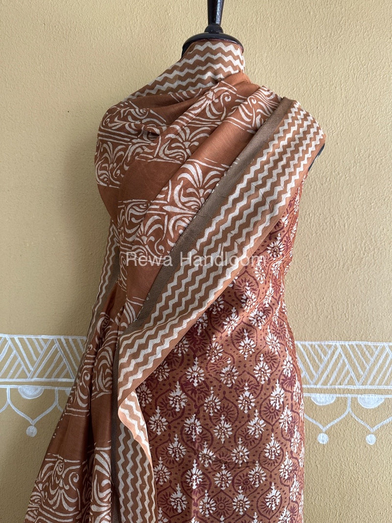 Dark Brown Batik Print Silk Top-Dupatta BPSD011