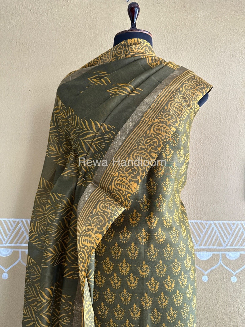 Mehendi Green Batik Print Silk Top-Dupatta BPSD09