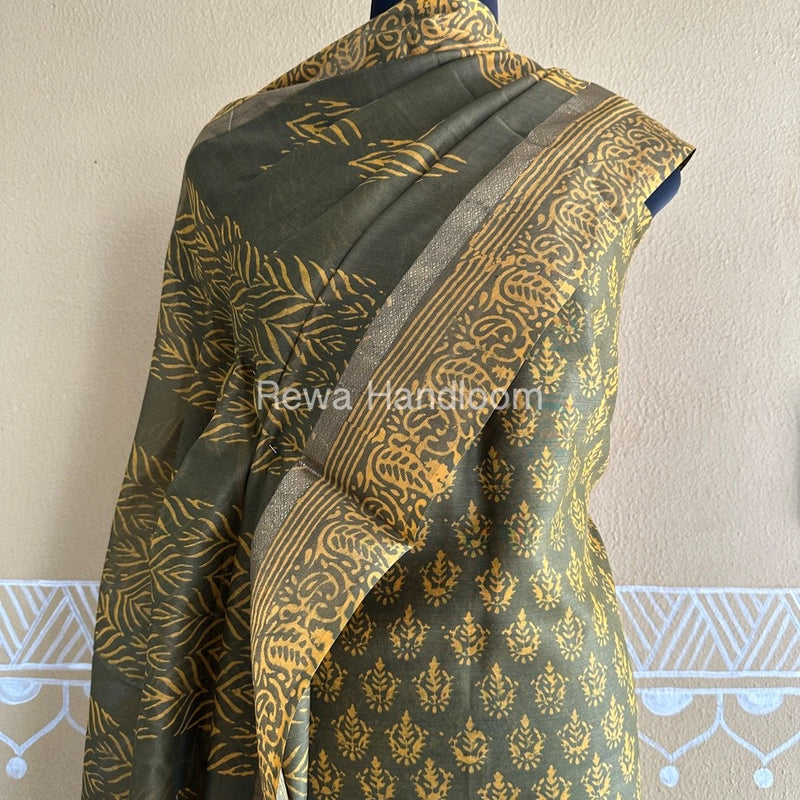 Mehendi Green Batik Print Silk Top-Dupatta BPSD09